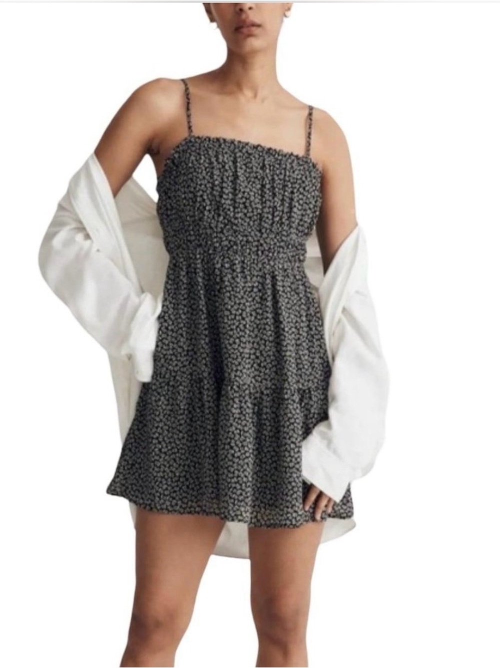 NWOT Madewell Smocked Floral-Print Mini Dress - Black